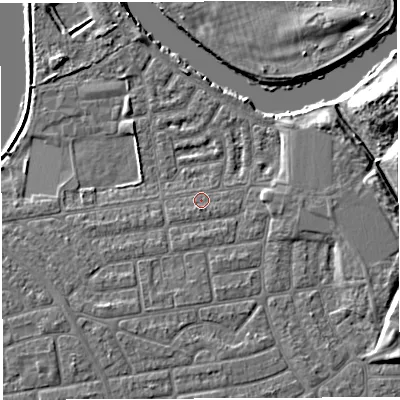 Shaded relief map of the ground around WA41SH, computed from Environment Agency LiDAR. The ground here sits at about 8 m above sea level and falls 7 m across the surrounding 800 m. Surface water reaching this point runs off ground lying to the south, 0.9 m higher.