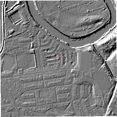 Shaded relief map of the ground around WA41SJ, computed from Environment Agency LiDAR. The ground here sits at about 8 m above sea level and falls 8 m across the surrounding 800 m. Surface water reaching this point runs off ground lying to the south-south-east, 1.1 m higher.