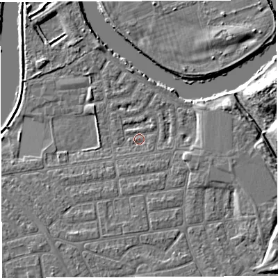 Shaded relief map of the ground around WA41SL, computed from Environment Agency LiDAR. The ground here sits at about 8 m above sea level and falls 7 m across the surrounding 800 m. Surface water reaching this point runs off ground lying to the south-east, 1.1 m higher.