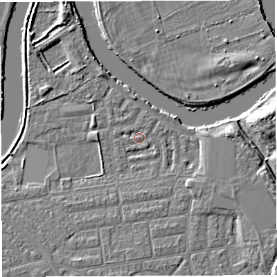 Shaded relief map of the ground around WA41SN, computed from Environment Agency LiDAR. The ground here sits at about 8 m above sea level and falls 7 m across the surrounding 800 m. The ground contributing surface water to this point lies to the south-east.