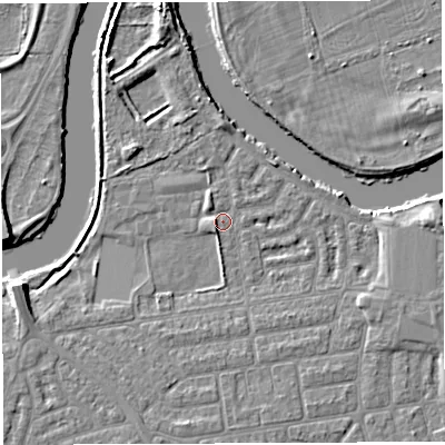 Shaded relief map of the ground around WA41SP, computed from Environment Agency LiDAR. The ground here sits at about 8 m above sea level and falls 6 m across the surrounding 800 m. Surface water reaching this point runs off ground lying to the south, 3.9 m higher.
