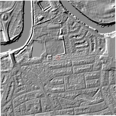 Shaded relief map of the ground around WA41SQ, computed from Environment Agency LiDAR. The ground here sits at about 8 m above sea level and falls 6 m across the surrounding 800 m. Surface water reaching this point runs off ground lying to the south-south-west, 1.7 m higher.