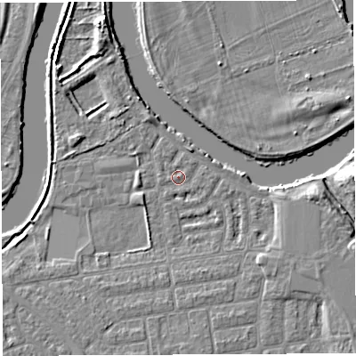 Shaded relief map of the ground around WA41SR, computed from Environment Agency LiDAR. The ground here sits at about 8 m above sea level and falls 7 m across the surrounding 800 m. Surface water reaching this point runs off ground lying to the east-north-east, 0.6 m higher.