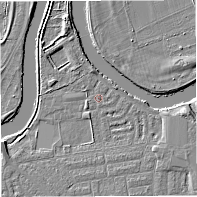 Shaded relief map of the ground around WA41SS, computed from Environment Agency LiDAR. The ground here sits at about 8 m above sea level and falls 6 m across the surrounding 800 m. Surface water reaching this point runs off ground lying to the east-south-east, 2.7 m higher.