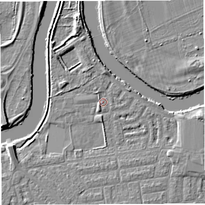 Shaded relief map of the ground around WA41ST, computed from Environment Agency LiDAR. The ground here sits at about 8 m above sea level and falls 6 m across the surrounding 800 m. Surface water reaching this point runs off ground lying to the south-south-west, 3.4 m higher.