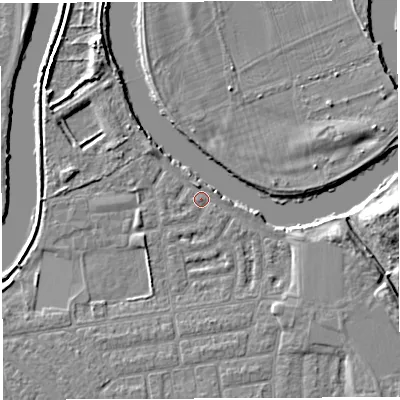 Shaded relief map of the ground around WA41SU, computed from Environment Agency LiDAR. The ground here sits at about 8 m above sea level and falls 7 m across the surrounding 800 m. Surface water reaching this point runs off ground lying to the south-east, 2.7 m higher.