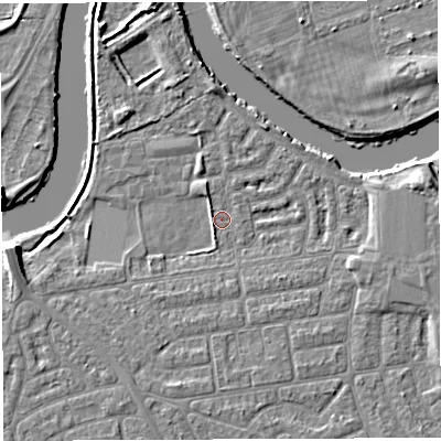 Shaded relief map of the ground around WA41SW, computed from Environment Agency LiDAR. The ground here sits at about 7 m above sea level and falls 6 m across the surrounding 800 m. Surface water reaching this point runs off ground lying to the south-south-west, 3.4 m higher.