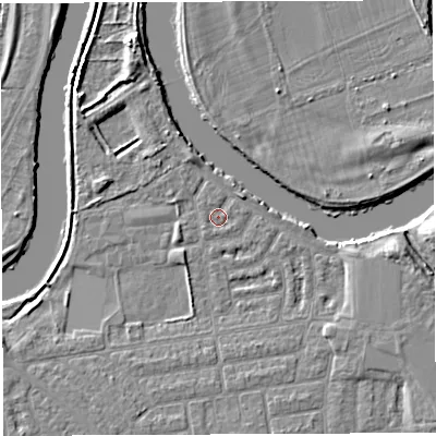 Shaded relief map of the ground around WA41SX, computed from Environment Agency LiDAR. The ground here sits at about 8 m above sea level and falls 6 m across the surrounding 800 m. Surface water reaching this point runs off ground lying to the north-north-west, 0.7 m higher.