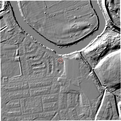 Shaded relief map of the ground around WA41SY, computed from Environment Agency LiDAR. The ground here sits at about 8 m above sea level and falls 12 m across the surrounding 800 m. Surface water reaching this point runs off ground lying to the east-south-east, 2.0 m higher.
