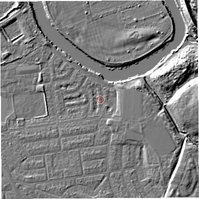 Shaded relief map of the ground around WA41SZ, computed from Environment Agency LiDAR. The ground here sits at about 8 m above sea level and falls 12 m across the surrounding 800 m. Surface water reaching this point runs off ground lying to the south-east, 2.7 m higher.