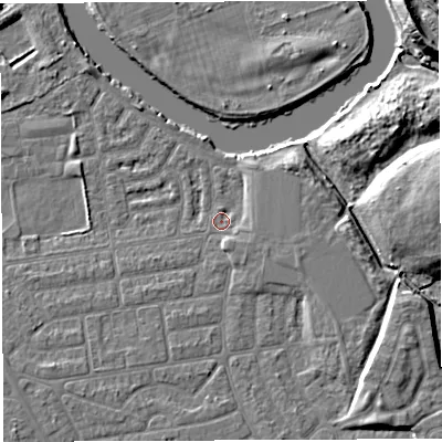 Shaded relief map of the ground around WA41TA, computed from Environment Agency LiDAR. The ground here sits at about 8 m above sea level and falls 12 m across the surrounding 800 m. Surface water reaching this point runs off ground lying to the south-east, 4.7 m higher.