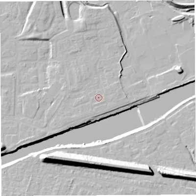 Shaded relief map of the ground around WA41TE, computed from Environment Agency LiDAR. The ground here sits at about 12 m above sea level and falls 22 m across the surrounding 800 m. Surface water reaching this point runs off ground lying to the east, 0.8 m higher.