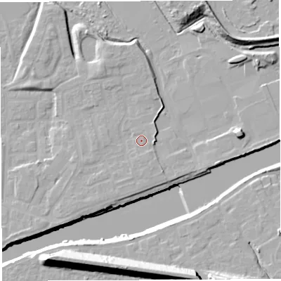 Shaded relief map of the ground around WA41TF, computed from Environment Agency LiDAR. The ground here sits at about 12 m above sea level and falls 22 m across the surrounding 800 m. Surface water reaching this point runs off ground lying to the east-north-east, 1.7 m higher.