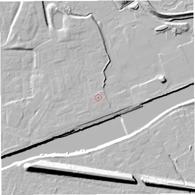 Shaded relief map of the ground around WA41TG, computed from Environment Agency LiDAR. The ground here sits at about 12 m above sea level and falls 22 m across the surrounding 800 m. The ground contributing surface water to this point lies to the south-east.