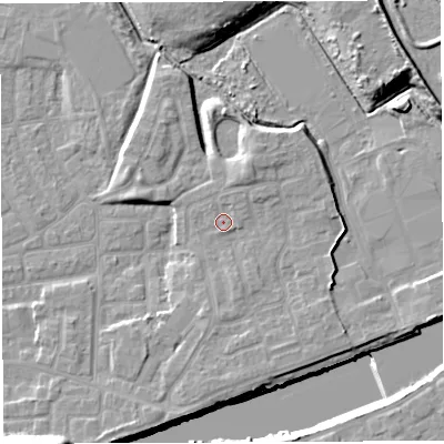 Shaded relief map of the ground around WA41TJ, computed from Environment Agency LiDAR. The ground here sits at about 11 m above sea level and falls 16 m across the surrounding 800 m. Surface water reaching this point runs off ground lying to the north-north-east, 2.6 m higher.