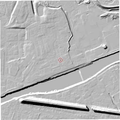 Shaded relief map of the ground around WA41TL, computed from Environment Agency LiDAR. The ground here sits at about 12 m above sea level and falls 22 m across the surrounding 800 m. Surface water reaching this point runs off ground lying to the east, 1.0 m higher.
