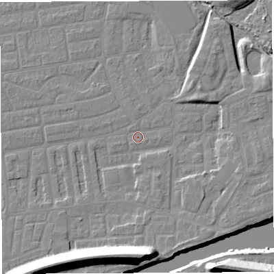 Shaded relief map of the ground around WA41TY, computed from Environment Agency LiDAR. The ground here sits at about 9 m above sea level and falls 22 m across the surrounding 800 m. Surface water reaching this point runs off ground lying to the west-south-west, 0.9 m higher.