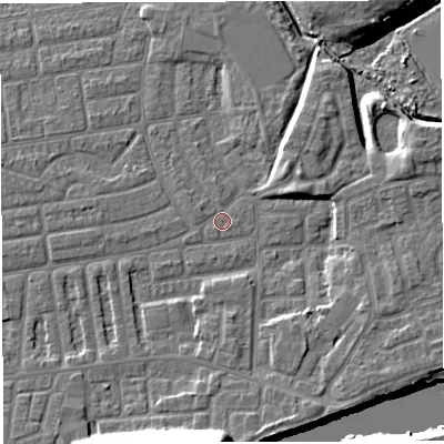 Shaded relief map of the ground around WA41TZ, computed from Environment Agency LiDAR. The ground here sits at about 9 m above sea level and falls 21 m across the surrounding 800 m. Surface water reaching this point runs off ground lying to the west-north-west, 0.6 m higher.