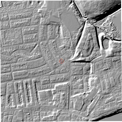 Shaded relief map of the ground around WA41UA, computed from Environment Agency LiDAR. The ground here sits at about 9 m above sea level and falls 12 m across the surrounding 800 m. Surface water reaching this point runs off ground lying to the south-south-west, 0.8 m higher.