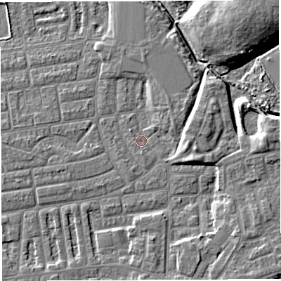 Shaded relief map of the ground around WA41UB, computed from Environment Agency LiDAR. The ground here sits at about 9 m above sea level and falls 10 m across the surrounding 800 m. Surface water reaching this point runs off ground lying to the east, 5.3 m higher.