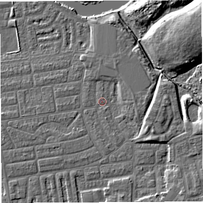 Shaded relief map of the ground around WA41UD, computed from Environment Agency LiDAR. The ground here sits at about 8 m above sea level and falls 11 m across the surrounding 800 m. Surface water reaching this point runs off ground lying to the east-south-east, 5.8 m higher.