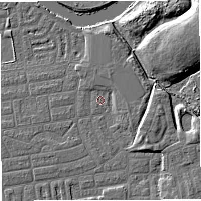 Shaded relief map of the ground around WA41UH, computed from Environment Agency LiDAR. The ground here sits at about 8 m above sea level and falls 11 m across the surrounding 800 m. Surface water reaching this point runs off ground lying to the east-south-east, 5.8 m higher.