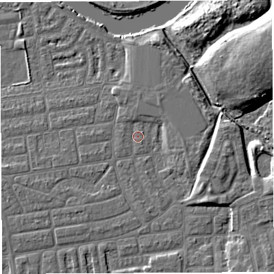 Shaded relief map of the ground around WA41UJ, computed from Environment Agency LiDAR. The ground here sits at about 8 m above sea level and falls 11 m across the surrounding 800 m. Surface water reaching this point runs off ground lying to the east-south-east, 5.3 m higher.