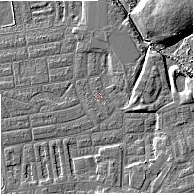 Shaded relief map of the ground around WA41UL, computed from Environment Agency LiDAR. The ground here sits at about 9 m above sea level and falls 10 m across the surrounding 800 m. Surface water reaching this point runs off ground lying to the south, 1.0 m higher.
