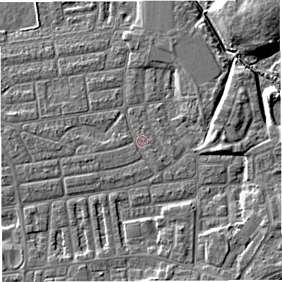 Shaded relief map of the ground around WA41UN, computed from Environment Agency LiDAR. The ground here sits at about 9 m above sea level and falls 10 m across the surrounding 800 m. Surface water reaching this point runs off ground lying to the south-west, 1.4 m higher.