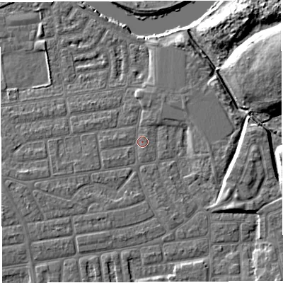 Shaded relief map of the ground around WA41UU, computed from Environment Agency LiDAR. The ground here sits at about 9 m above sea level and falls 11 m across the surrounding 800 m. Surface water reaching this point runs off ground lying to the east-south-east, 5.0 m higher.
