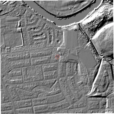 Shaded relief map of the ground around WA41UX, computed from Environment Agency LiDAR. The ground here sits at about 8 m above sea level and falls 11 m across the surrounding 800 m. Surface water reaching this point runs off ground lying to the east-south-east, 5.0 m higher.