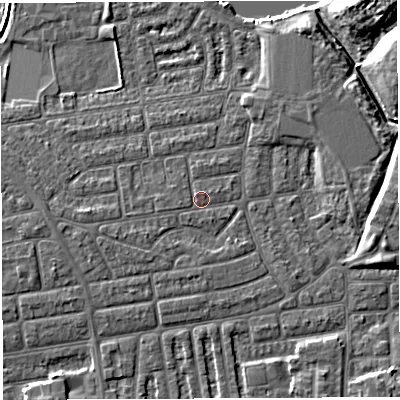 Shaded relief map of the ground around WA41UY, computed from Environment Agency LiDAR. The ground here sits at about 9 m above sea level and falls 8 m across the surrounding 800 m. Surface water reaching this point runs off ground lying to the south-south-west, 0.7 m higher.
