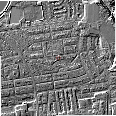 Shaded relief map of the ground around WA41UZ, computed from Environment Agency LiDAR. The ground here sits at about 9 m above sea level and falls 6 m across the surrounding 800 m. Surface water reaching this point runs off ground lying to the west-south-west, 1.4 m higher.