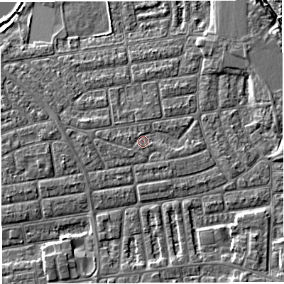 Shaded relief map of the ground around WA41XD, computed from Environment Agency LiDAR. The ground here sits at about 10 m above sea level and falls 6 m across the surrounding 800 m. Surface water reaching this point runs off ground lying to the west, 1.2 m higher.