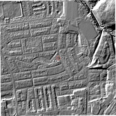 Shaded relief map of the ground around WA41XE, computed from Environment Agency LiDAR. The ground here sits at about 9 m above sea level and falls 10 m across the surrounding 800 m. Surface water reaching this point runs off ground lying to the south-west, 1.6 m higher.