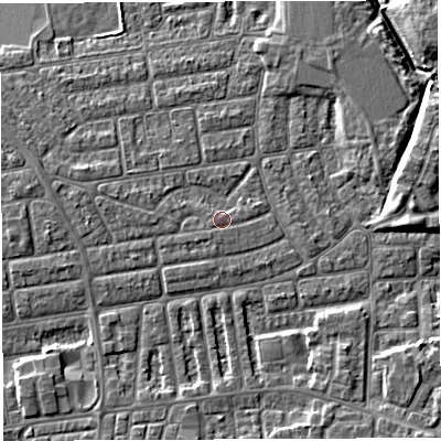 Shaded relief map of the ground around WA41XF, computed from Environment Agency LiDAR. The ground here sits at about 10 m above sea level and falls 8 m across the surrounding 800 m. Surface water reaching this point runs off ground lying to the south-south-west, 0.7 m higher.