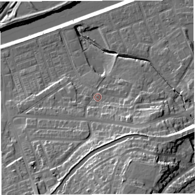 Shaded relief map of the ground around WA42AP, computed from Environment Agency LiDAR. The ground here sits at about 15 m above sea level and falls 31 m across the surrounding 800 m. Surface water reaching this point runs off ground lying to the south-east, 9.3 m higher.