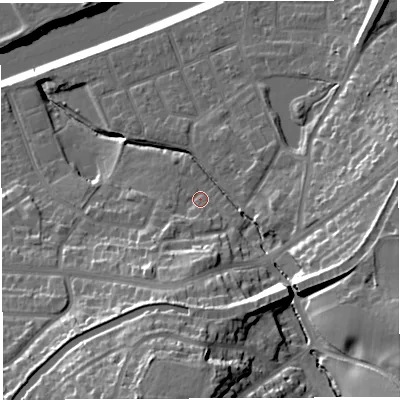 Shaded relief map of the ground around WA42AT, computed from Environment Agency LiDAR. The ground here sits at about 15 m above sea level and falls 30 m across the surrounding 800 m. Surface water reaching this point runs off ground lying to the south, 18.9 m higher.