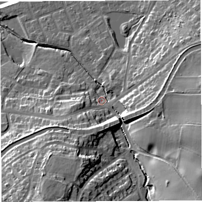 Shaded relief map of the ground around WA42AU, computed from Environment Agency LiDAR. The ground here sits at about 16 m above sea level and falls 32 m across the surrounding 800 m. Surface water reaching this point runs off ground lying to the south-south-west, 22.8 m higher.