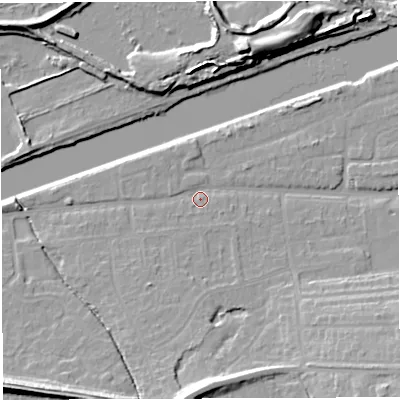 Shaded relief map of the ground around WA42HR, computed from Environment Agency LiDAR. The ground here sits at about 12 m above sea level and falls 18 m across the surrounding 800 m. Surface water reaching this point runs off ground lying to the south-south-west, 4.1 m higher.