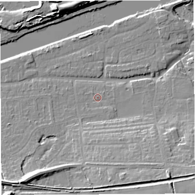 Shaded relief map of the ground around WA42HU, computed from Environment Agency LiDAR. The ground here sits at about 12 m above sea level and falls 20 m across the surrounding 800 m. Surface water reaching this point runs off ground lying to the south-south-east, 8.3 m higher.