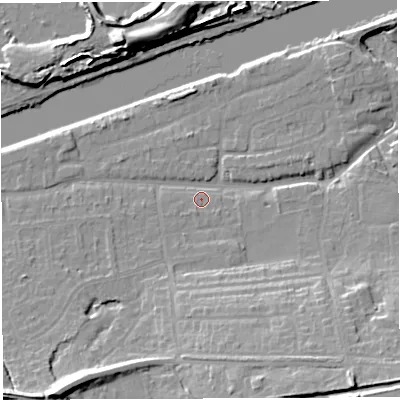 Shaded relief map of the ground around WA42HX, computed from Environment Agency LiDAR. The ground here sits at about 12 m above sea level and falls 19 m across the surrounding 800 m. Surface water reaching this point runs off ground lying to the south-west, 13.7 m higher.