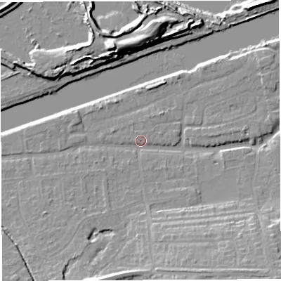 Shaded relief map of the ground around WA42HY, computed from Environment Agency LiDAR. The ground here sits at about 11 m above sea level and falls 16 m across the surrounding 800 m. Surface water reaching this point runs off ground lying to the south-south-west, 10.6 m higher.