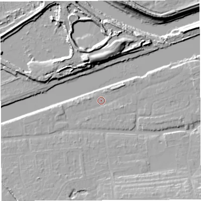 Shaded relief map of the ground around WA42HZ, computed from Environment Agency LiDAR. The ground here sits at about 11 m above sea level and falls 16 m across the surrounding 800 m. Surface water reaching this point runs off ground lying to the east-north-east, 2.4 m higher.