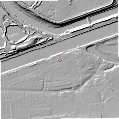 Shaded relief map of the ground around WA42JA, computed from Environment Agency LiDAR. The ground here sits at about 11 m above sea level and falls 16 m across the surrounding 800 m. Surface water reaching this point runs off ground lying to the east-north-east, 1.0 m higher.