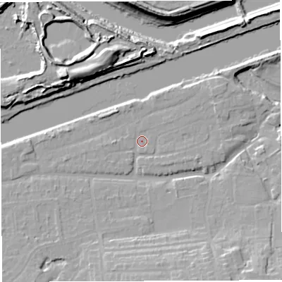 Shaded relief map of the ground around WA42JB, computed from Environment Agency LiDAR. The ground here sits at about 11 m above sea level and falls 16 m across the surrounding 800 m. Surface water reaching this point runs off ground lying to the north-north-west, 1.5 m higher.