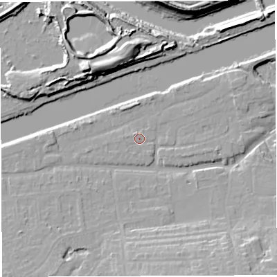 Shaded relief map of the ground around WA42JD, computed from Environment Agency LiDAR. The ground here sits at about 11 m above sea level and falls 16 m across the surrounding 800 m. Surface water reaching this point runs off ground lying to the west-north-west, 1.1 m higher.
