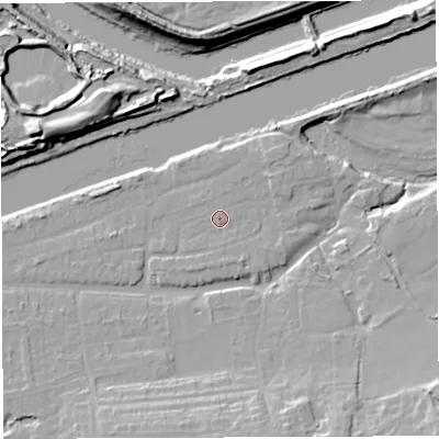 Shaded relief map of the ground around WA42JE, computed from Environment Agency LiDAR. The ground here sits at about 11 m above sea level and falls 16 m across the surrounding 800 m. Surface water reaching this point runs off ground lying to the south-south-east, 1.3 m higher.