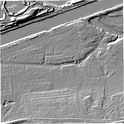 Shaded relief map of the ground around WA42JF, computed from Environment Agency LiDAR. The ground here sits at about 11 m above sea level and falls 17 m across the surrounding 800 m. Surface water reaching this point runs off ground lying to the south-south-east, 13.1 m higher.