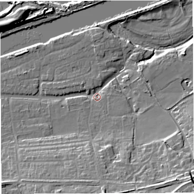 Shaded relief map of the ground around WA42JG, computed from Environment Agency LiDAR. The ground here sits at about 10 m above sea level and falls 20 m across the surrounding 800 m. Surface water reaching this point runs off ground lying to the south, 16.7 m higher.